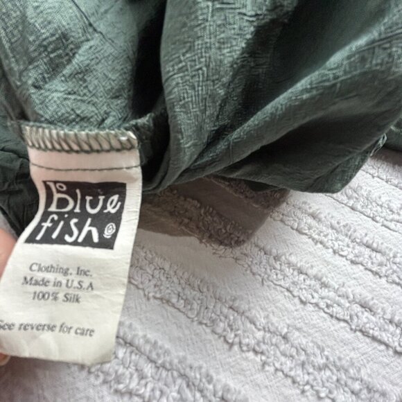 Vintage Blue Fish Women Green Silk Crinkle Cropped Blazer/Top Size 2 Lightweight - Picture 5 of 9